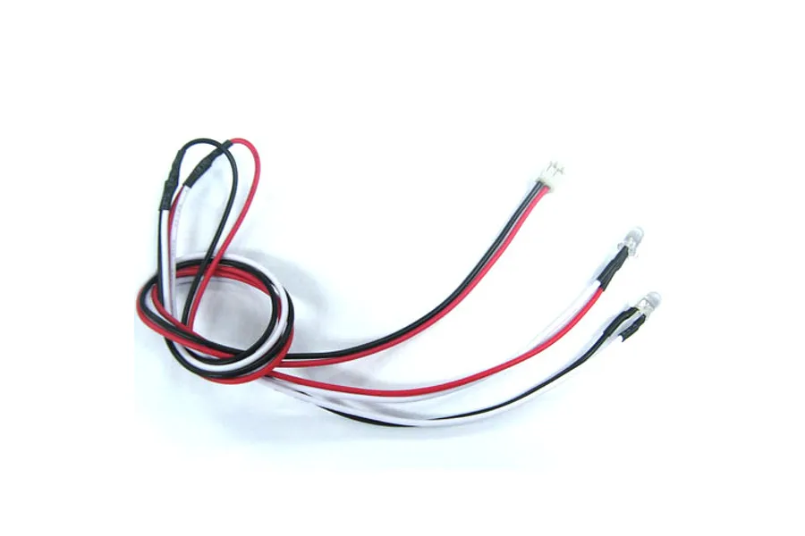 A pair of 3mm white LED lights with red, black, and white wiring and a small connector, coiled on a white background.