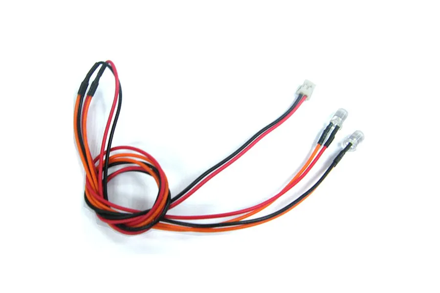 A pair of 5mm orange LED lights with wiring and a connector plug, coiled on a white background.