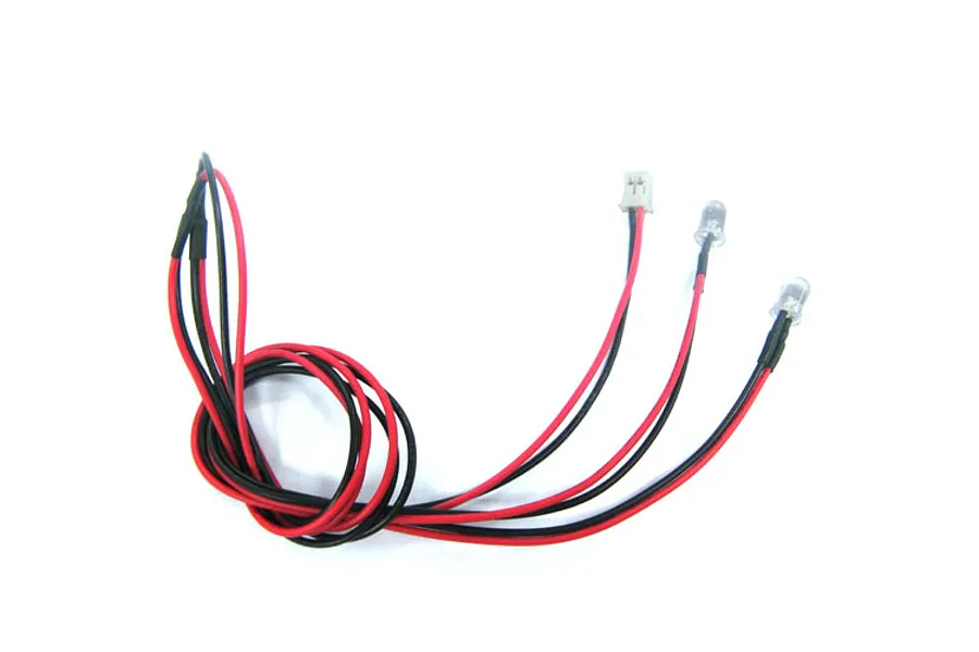A pair of 5mm red LED lights connected to red and black wiring with a small white connector plug.