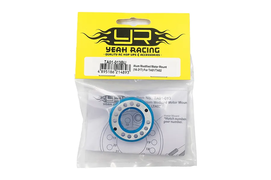 Yeah Racing blue aluminium modified motor mount for TA01/TA02 RC cars in original yellow and clear plastic packaging.