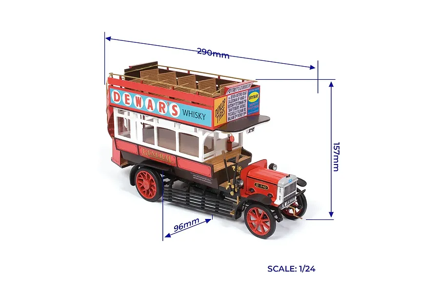 A 1/24 scale model of an AEC B-Type London bus with dimension lines showing 290mm length, 157mm height, and 96mm width.