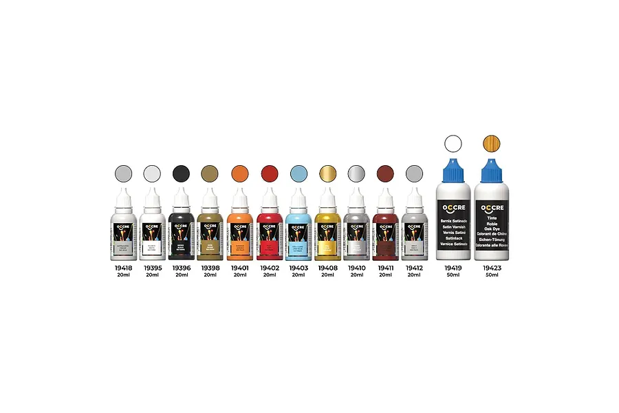 A complete set of OcCre model paints and finishes, featuring various 20ml paint bottles and two 50ml bottles for varnish and oak dye against a white background.