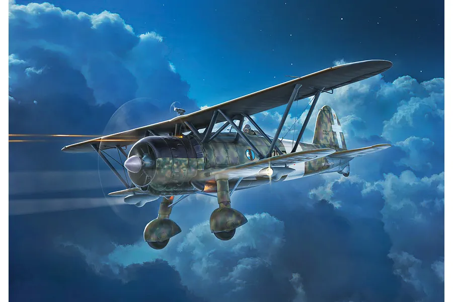 Box art illustration of a Fiat CR.42 CN Falco biplane flying through a night sky with clouds and searchlights.