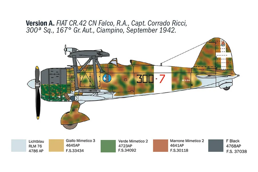 A digital illustration showing the side profile of a Fiat CR.42 CN Falco biplane with camouflage paint and a color reference guide below.
