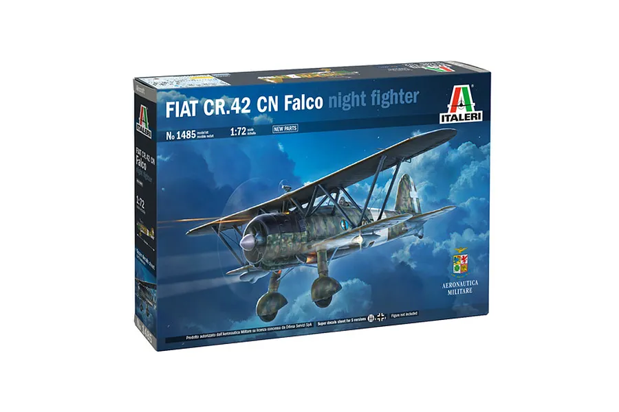Italeri 1/72 scale Fiat CR.42 CN Falco night fighter plastic model kit box, featuring artwork of the biplane in flight against a cloudy night sky.