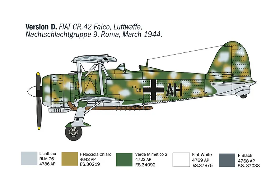 A side-profile illustration of a Fiat CR.42 Falco biplane in Luftwaffe camouflage, showing paint color swatches for the model kit.