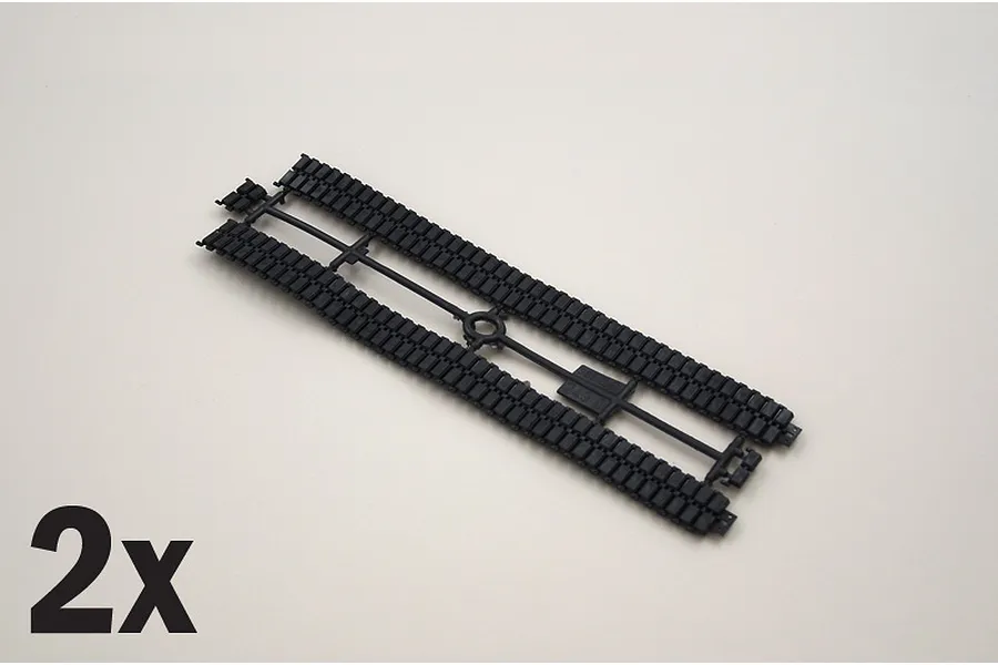 Two black plastic tank track sprues for a 1/35 scale model kit on a plain white background.
