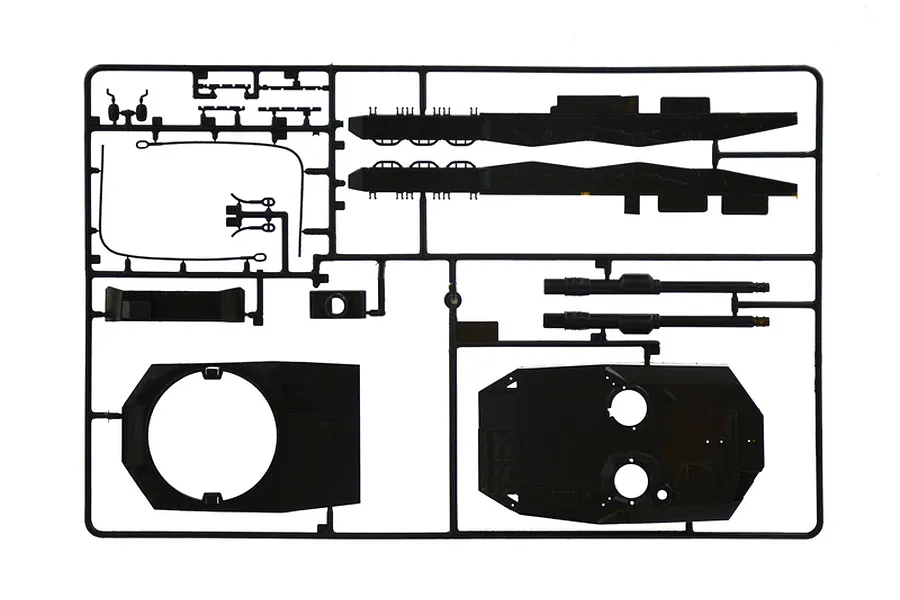 A black plastic sprue containing various parts for an Italeri 1/35 scale Leopard 2A4 tank model kit, including turret and hull components.