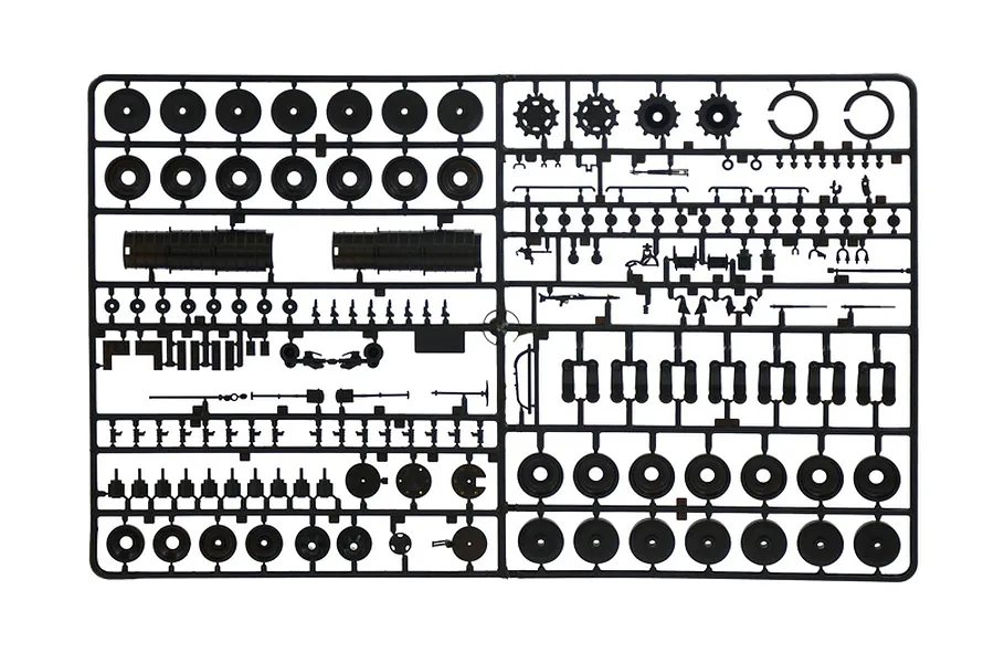 A black plastic sprue containing various parts for a 1/35 scale Leopard 2A4 tank model kit, including road wheels, sprockets, and small mechanical components.