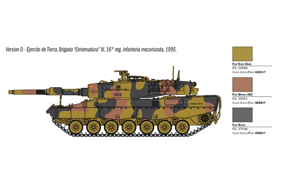 A side-profile illustration of a Leopard 2A4 tank in camouflage, showing paint color swatches for the Spanish Army version.