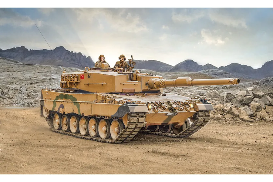 A detailed illustration of a Leopard 2A4 tank in a desert landscape with two crew members visible in the turret hatch.