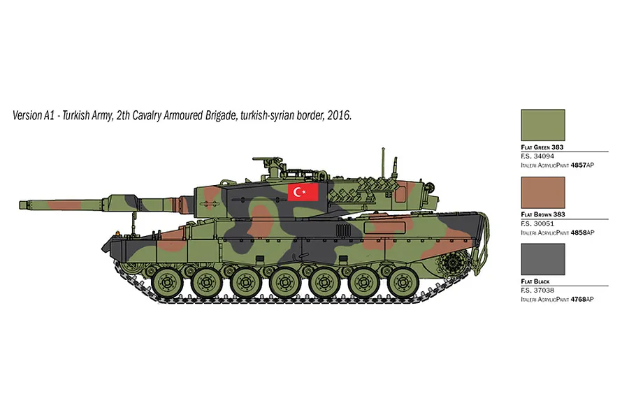 A side-profile illustration of a Leopard 2A4 tank in Turkish Army camouflage, including a paint color guide for Italeri acrylic paints.