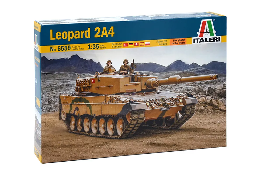 Italeri 1/35 scale Leopard 2A4 combat tank plastic model kit box, featuring a tan and camouflage tank in a rocky landscape.