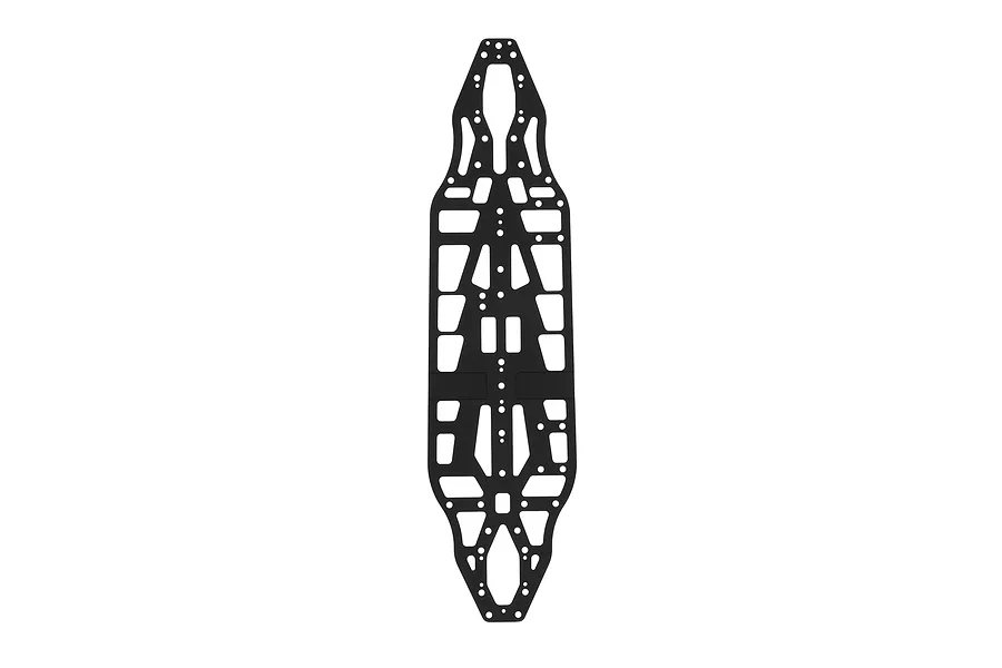 A top-down view of a black Team Associated RC chassis plate with various cutouts and mounting holes.