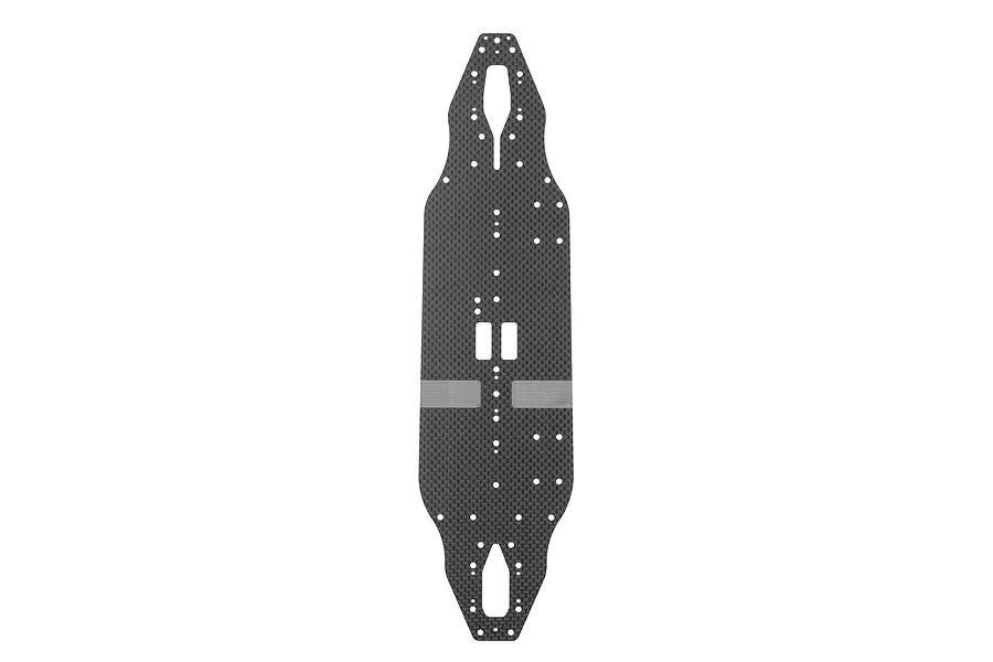 A top-down studio view of a Team Associated carbon fibre RC car chassis plate featuring a woven pattern and numerous mounting holes.