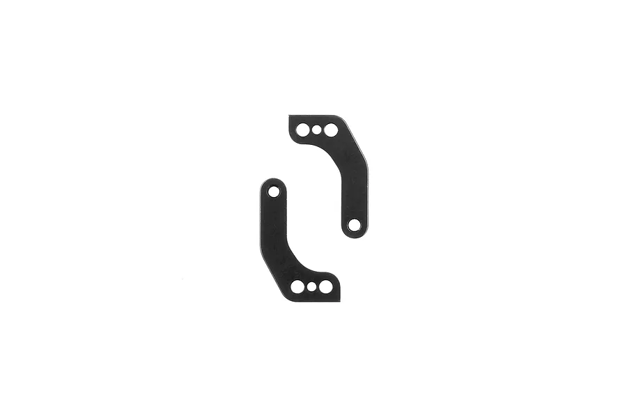 Two black metal Factory Team steering block arms for RC cars, featuring multiple mounting holes, isolated on a white background.