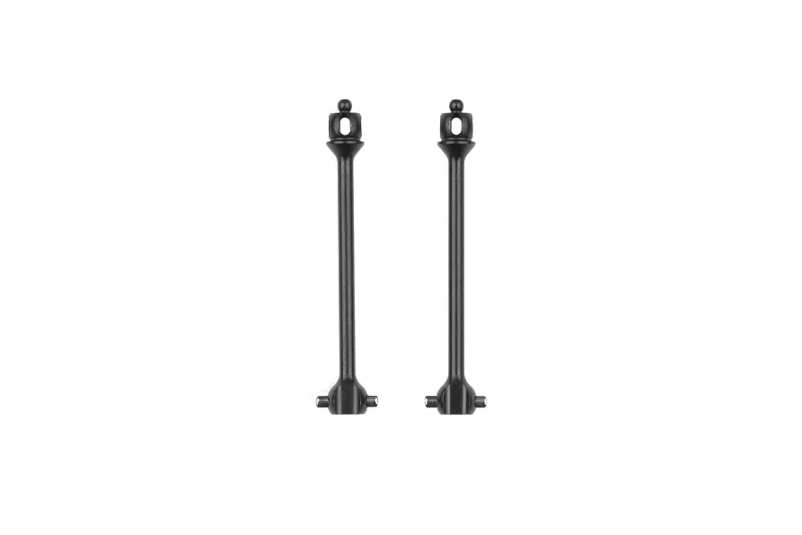 Two black metal DCV driveshafts for RC cars, shown side-by-side against a white background.