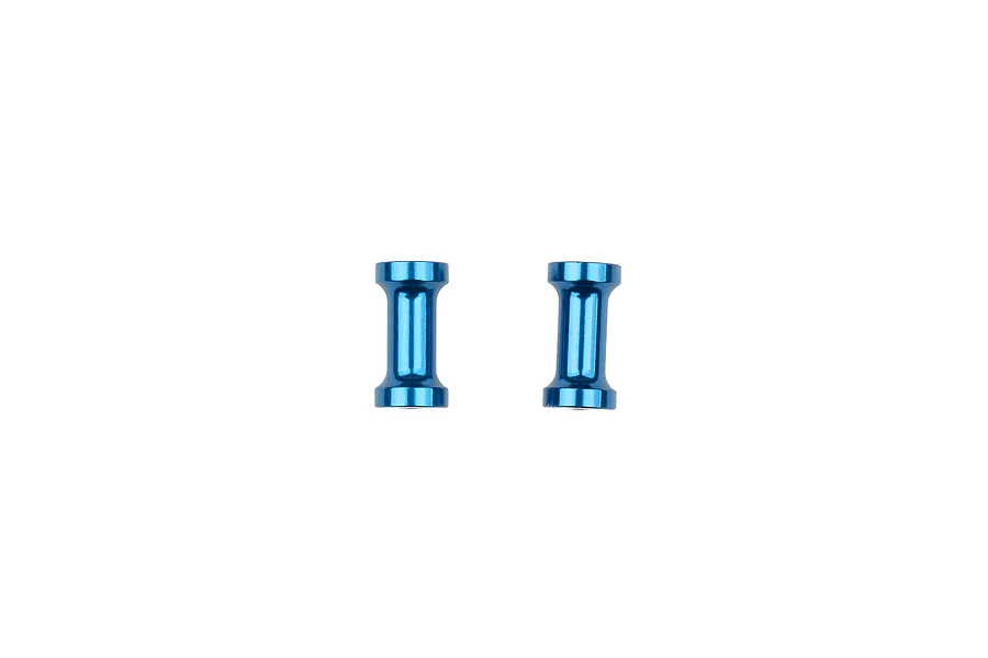 Two blue anodized aluminium short battery standoffs for RC cars, shown side by side against a white background.