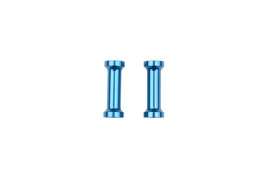 Two blue anodized aluminium battery standoffs for RC cars, shown side-by-side against a white background.