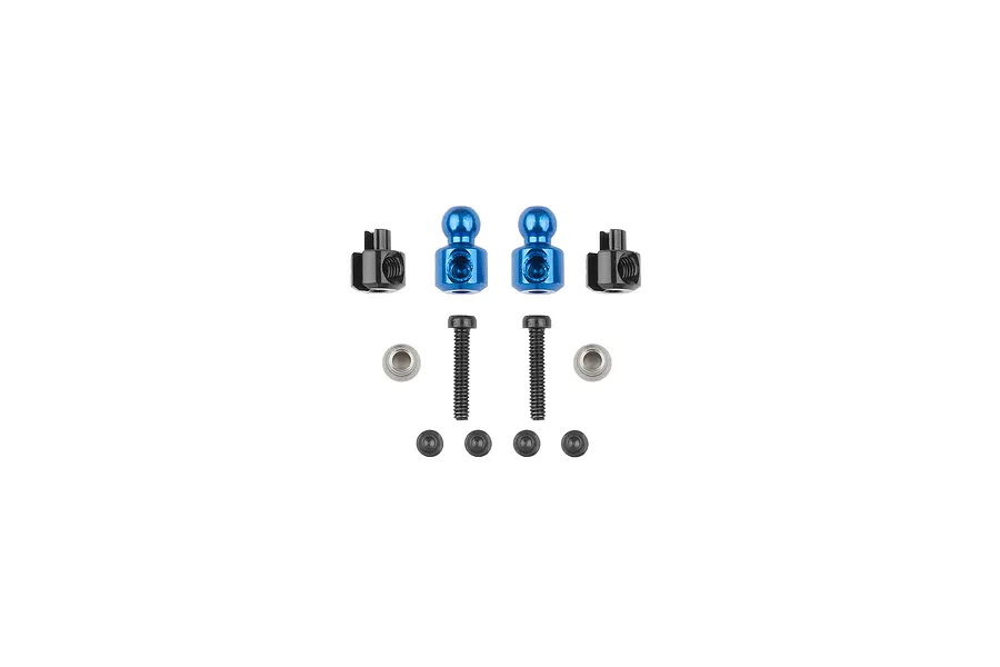 Team Associated aluminium anti-roll bar hardware set including blue ball studs, black plastic mounts, screws, and small washers.