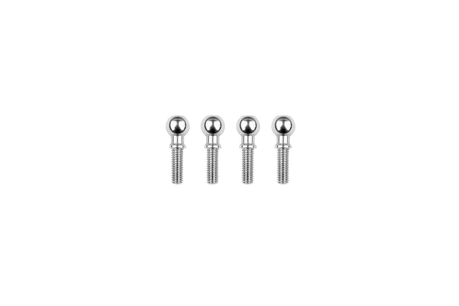Four silver-coloured metal pillow balls for RC vehicles arranged in a horizontal row against a white background.