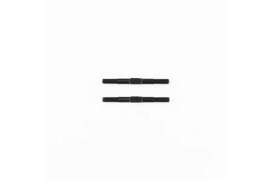 Two black metal turnbuckles for RC cars, positioned horizontally against a plain white background.