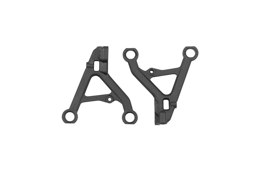 A pair of black molded plastic lower suspension arms for a Team Associated RC vehicle, shown against a white background.