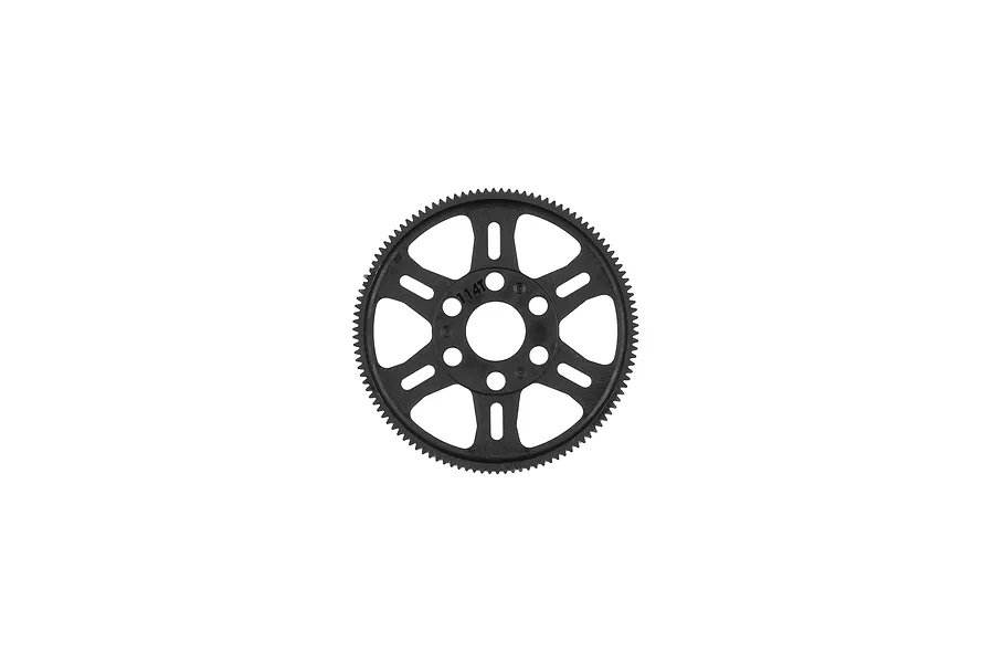 A black Team Associated 114T 64dp spur gear for RC cars, shown from a top-down studio perspective against a white background.