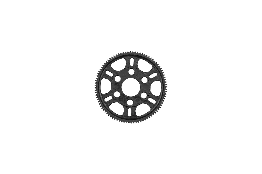 A black plastic RC spur gear with a central hole and multiple mounting holes, isolated on a white background.