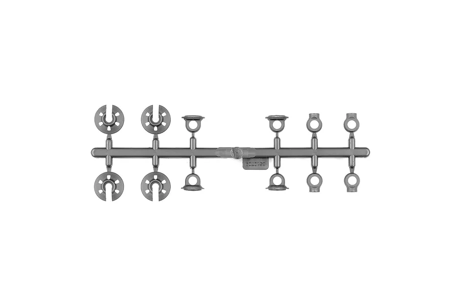 A grey plastic parts tree containing Team Associated RC shock ball ends and spring cups on a white background.