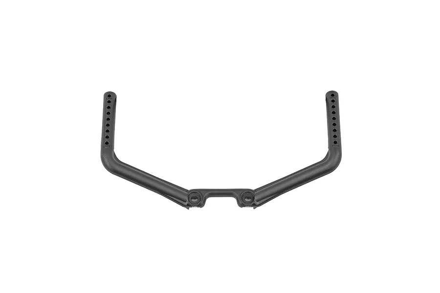 A black plastic rear adjustable body mount for an RC car, featuring two vertical posts with multiple adjustment holes and a central mounting bridge.