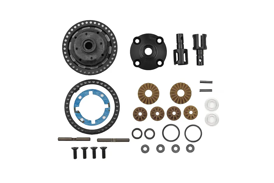A complete Team Associated differential set including a gear housing, internal bevel gears, outdrives, screws, and various small hardware components.