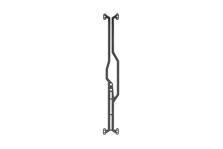 A top-down view of a Factory Team carbon fibre one-piece top deck for an RC car, featuring a symmetrical, slender design with mounting holes.