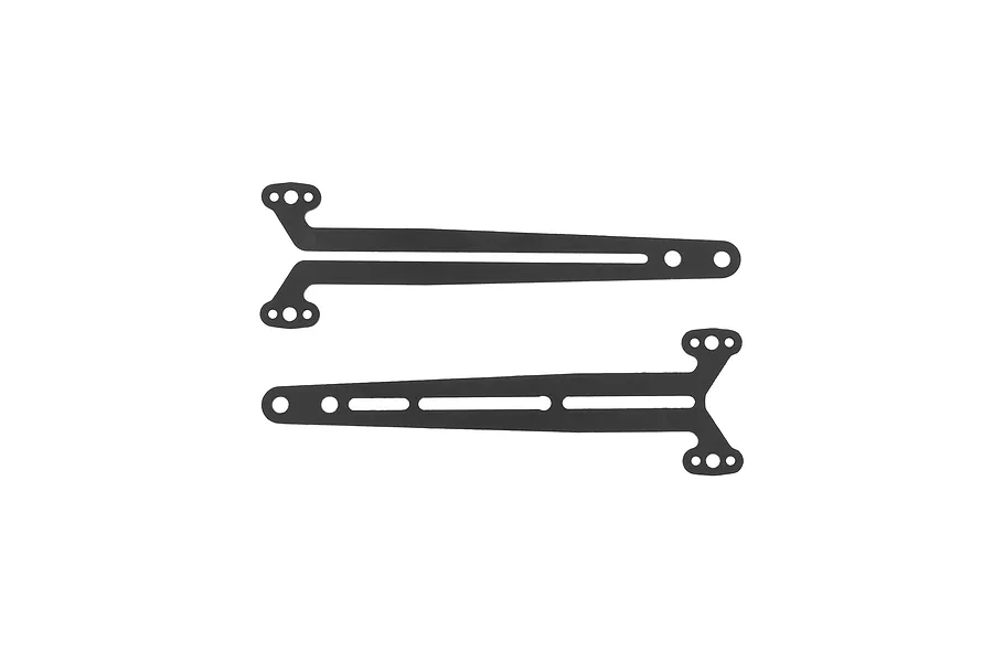 Two black G10 composite top deck braces for an RC car, shown against a white background.