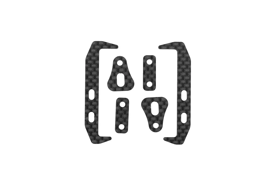 A set of six carbon fibre battery holder components for an RC car, arranged on a white background.