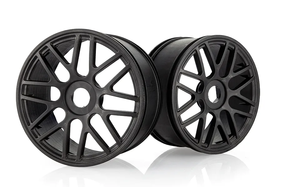 Two black Rovan 5-inch RC car rims with a multi-spoke design, shown against a white background.