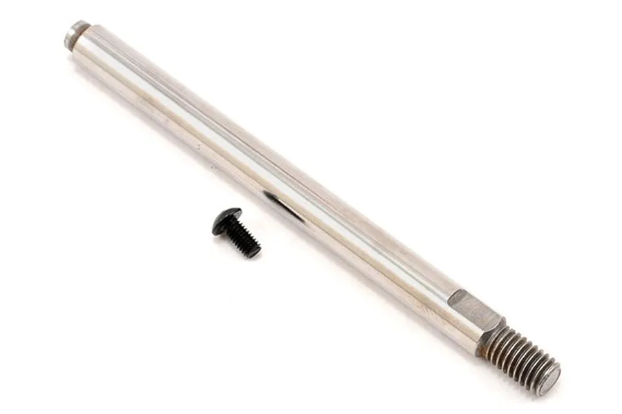 A silver metal RC shock shaft and a small black screw on a white background.