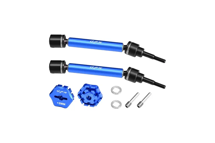 GPM Racing blue and black adjustable CVD drive shafts with matching blue wheel hexes and hardware on a white background.