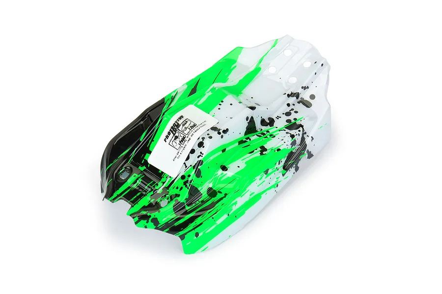 Pro-Line 1/14 Axis buggy body shell featuring a green, white, and black splatter paint design on a white background.