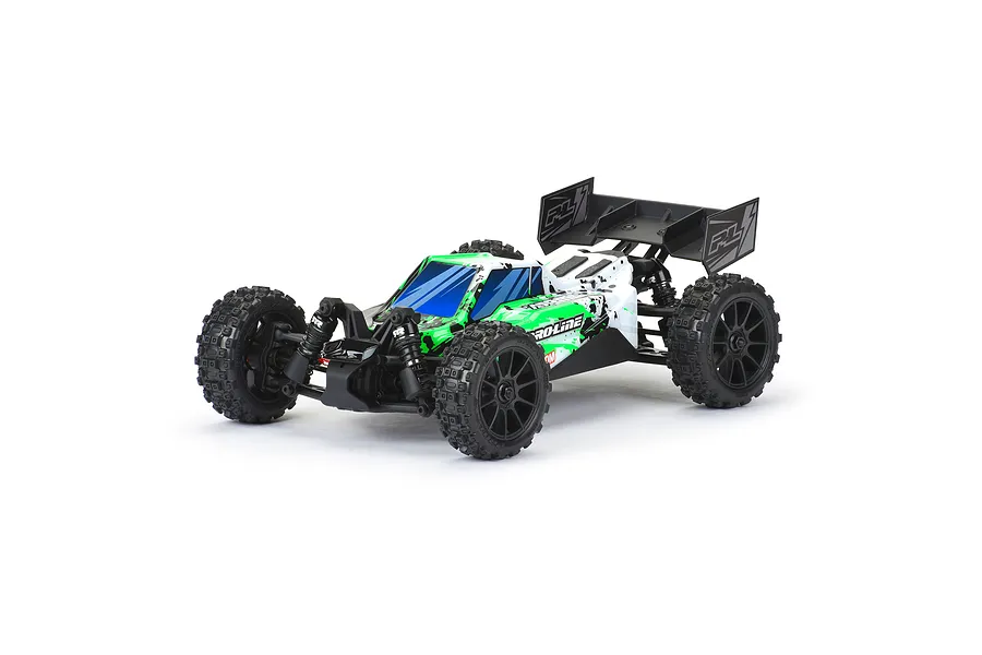 A fully assembled 1/14 scale RC buggy with a green and white painted body shell featuring Pro-Line branding, shown on a white background.