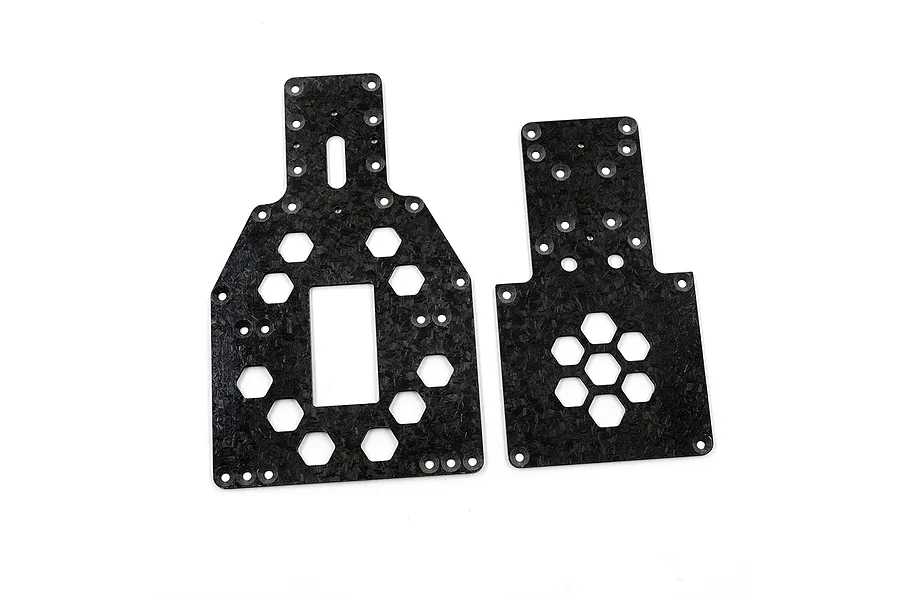 Two forged carbon fiber chassis plates with hexagonal cutouts and mounting holes on a white background.