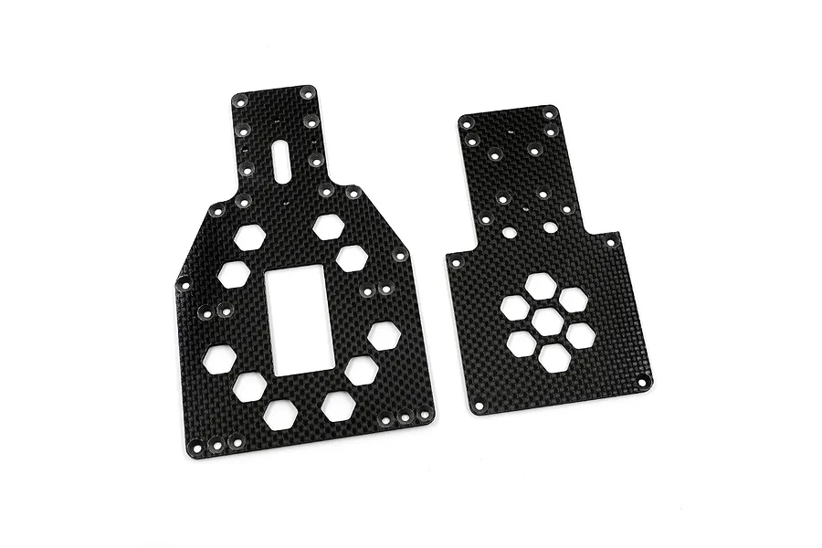 Two black carbon fiber RC chassis plates with hexagonal cutouts and various mounting holes on a white background.