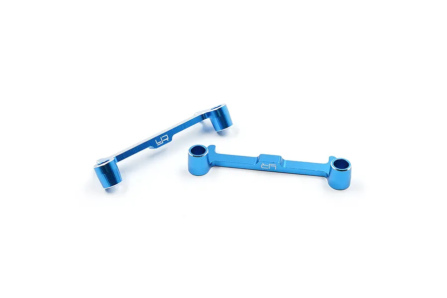Two blue anodized aluminium battery mount brackets for RC cars, featuring the Yeah Racing logo, isolated on a white background.