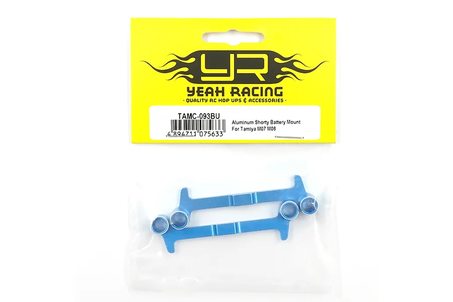 Yeah Racing blue aluminium shorty battery mounts for Tamiya M07/M08 in original yellow and white retail packaging.