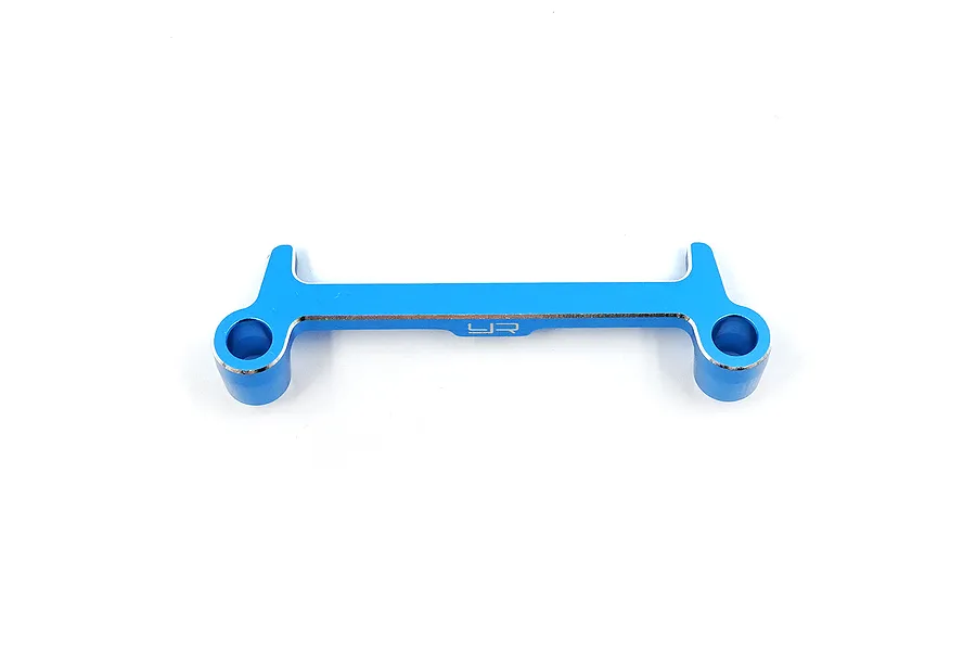 A blue anodized aluminium battery mount for RC cars by Yeah Racing, featuring a central brace with two mounting holes on either side.
