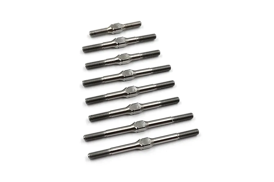 A set of eight silver-coloured metal RC turnbuckles of varying lengths arranged in a row on a white background.