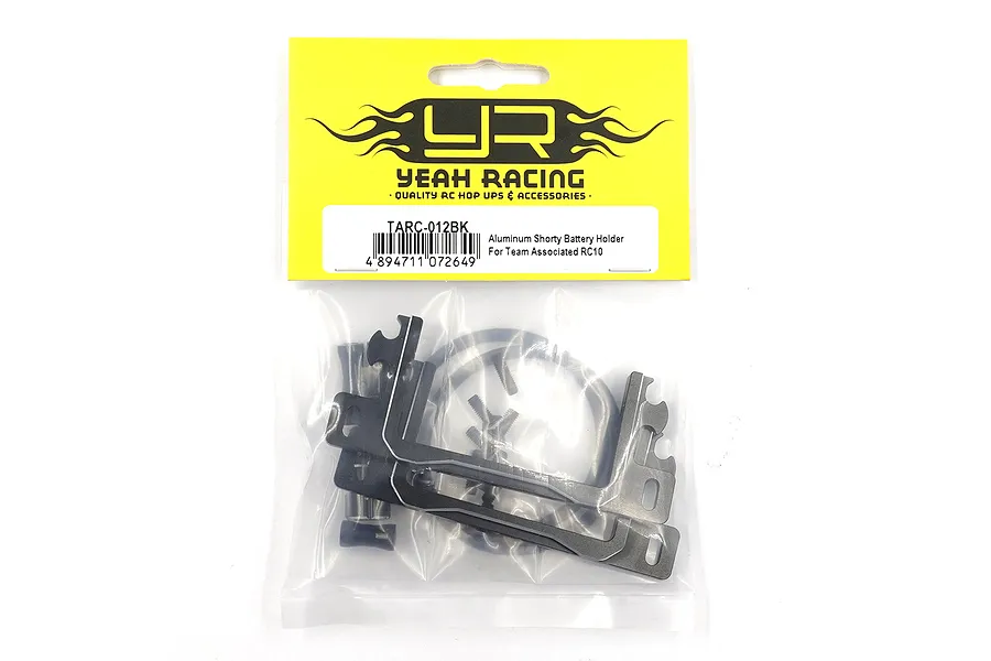 Yeah Racing TARC-012BK aluminium shorty battery holder in original yellow and white retail packaging.