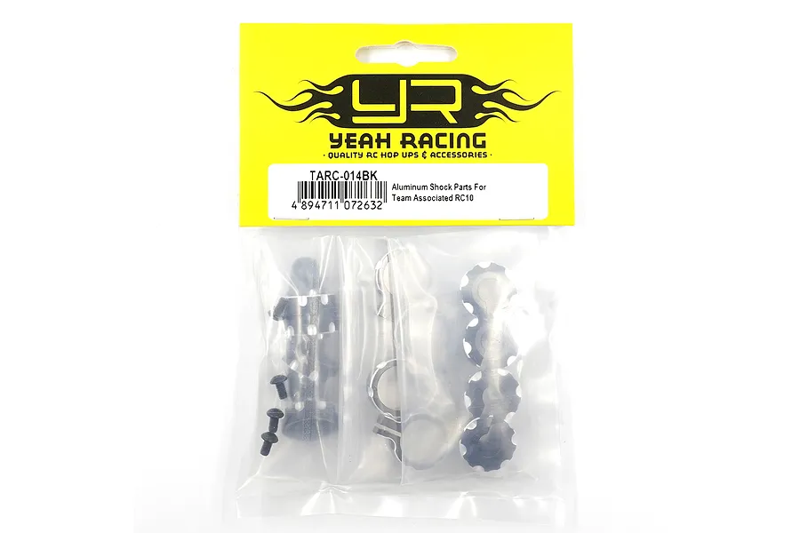 Yeah Racing TARC-014BK aluminium shock parts set for Team Associated RC10 in original yellow and white retail packaging.