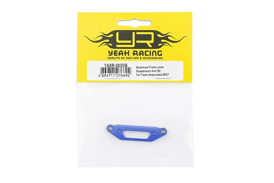 Yeah Racing dark blue aluminium front lower suspension arm for Team Associated SR27 in its original yellow and clear plastic retail packaging.