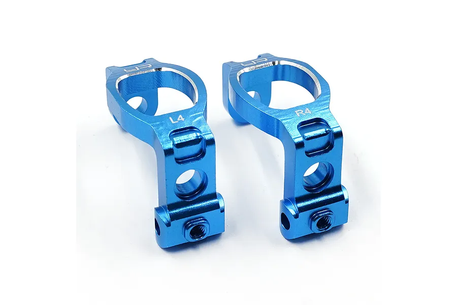 A pair of blue anodized aluminium RC steering hub carriers marked L4 and R4 on a white background.